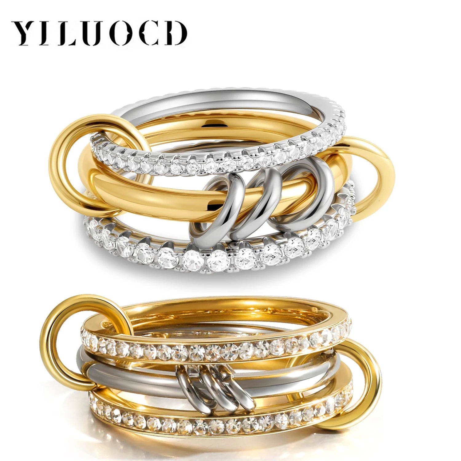 Stainless Steel Cubic Zirconia Stackable Ring – 18K Gold Plated Multi-Link Statement Jewelry for Women