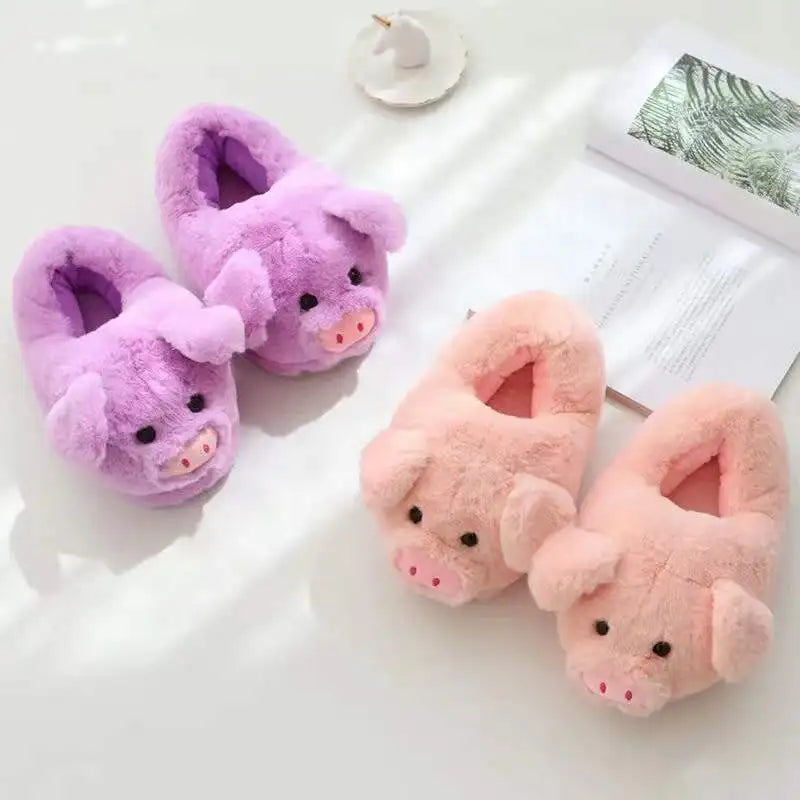 Cute Pink Pig Plush Slippers – Warm Winter Furry Indoor Shoes for Women