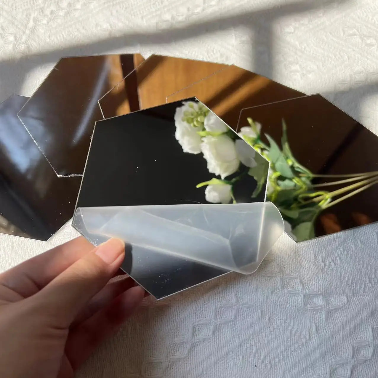 6/12pcs 3D Hexagon Mirror Wall Stickers – Rose Gold DIY Home & TV Background Decor