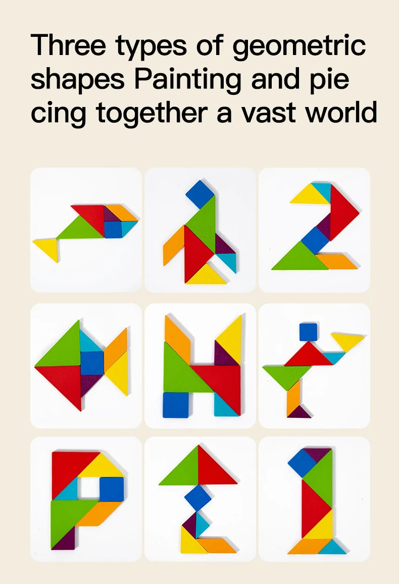 3D Wooden Tangram Puzzle – Montessori Educational Geometric Toy for Kids