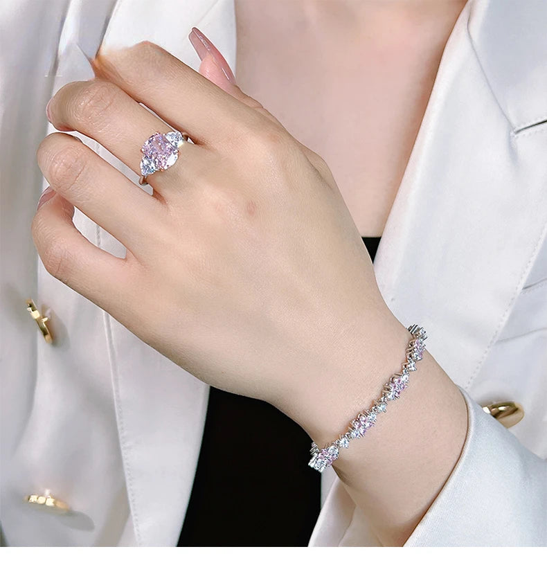 Luxury Pink Diamond Ice-Cut Ring – 925 Silver Radiant High Carbon Diamond Set