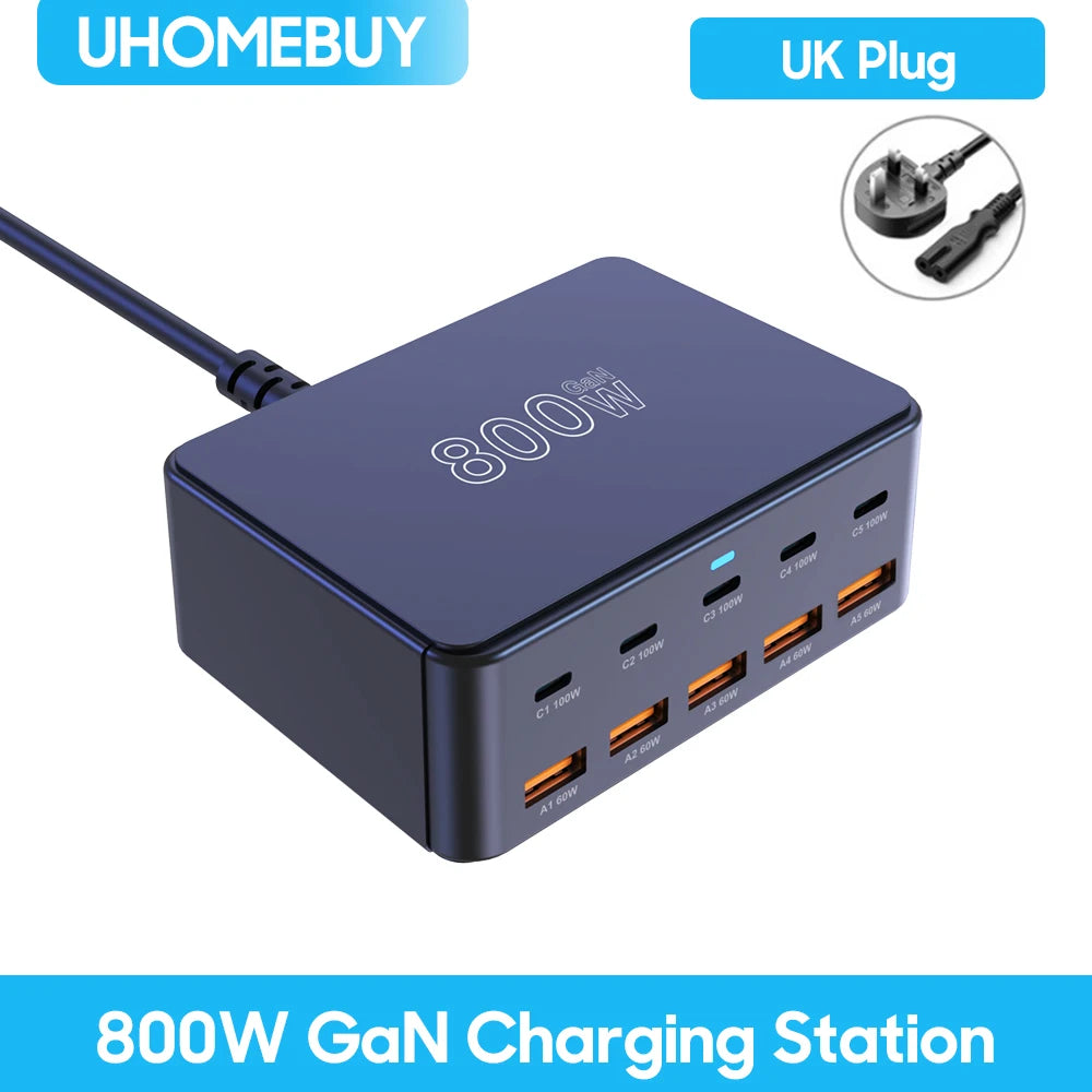 800W GaN USB-C Charger – 100W PD3.0 PPS QC3.0 Multiport Fast Charging Station for iPhone 15/16, Samsung, MacBook & Laptops