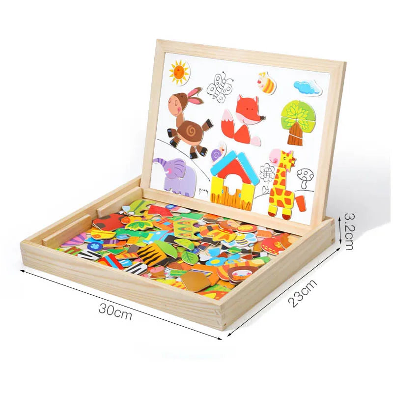 100+Pcs Wooden Magnetic Animal Puzzle Board – Multifunction Learning Drawing Toy for Kids Education & Creativity