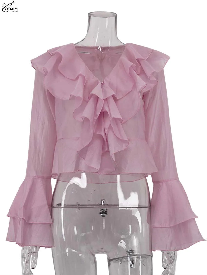 Elegant Pink Ruffled V-Neck Blouse – Petal Sleeve Women’s Fashion Shirt