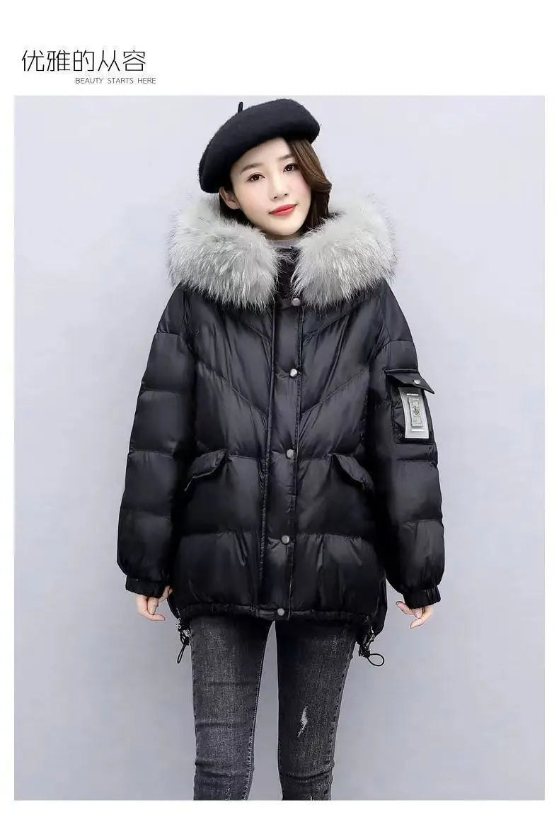 2025 Women’s Winter Down Cotton Jacket – Hooded Puffer Coat with Fur Collar