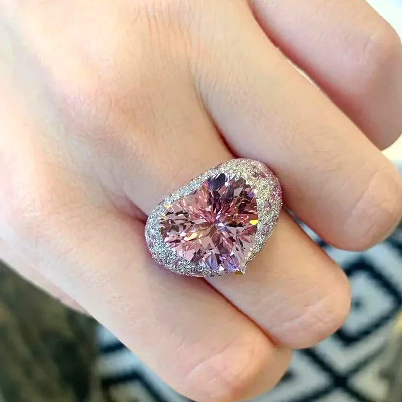 2025 Pink Crystal LOVE Heart Open Ring – 925 Sterling Silver Luxury Vintage Jewelry