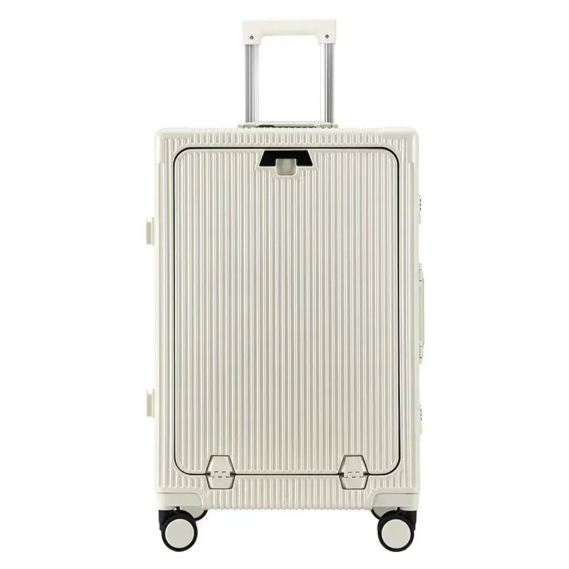 Front Opening Aluminum Frame Rolling Luggage – Large Capacity ABS+PC Trolley Suitcase with USB Charging