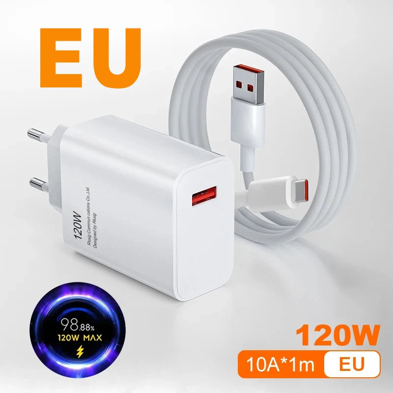 Xiaomi Original 120W Turbo Fast Charger – HyperCharge Adapter with USB-C Cable for Redmi & Mi Series (EU/US Plug)