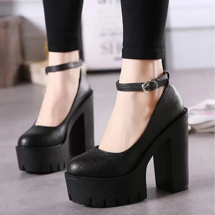 Pink Chunky Heeled Ankle Strap Pumps – Sweet Platform Square Heel Women’s High Heels