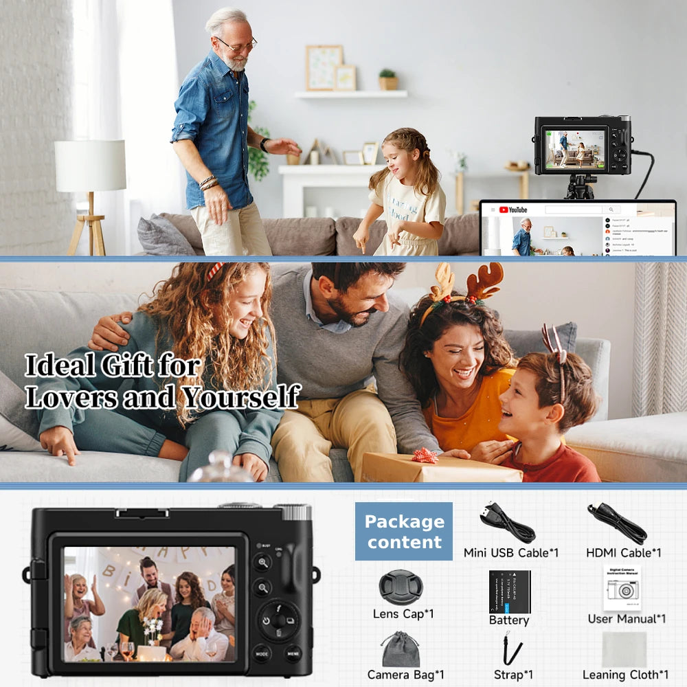 4K Digital Camera 48MP Vlogging Camera 3" Flip Screen Autofocus Anti-Shake