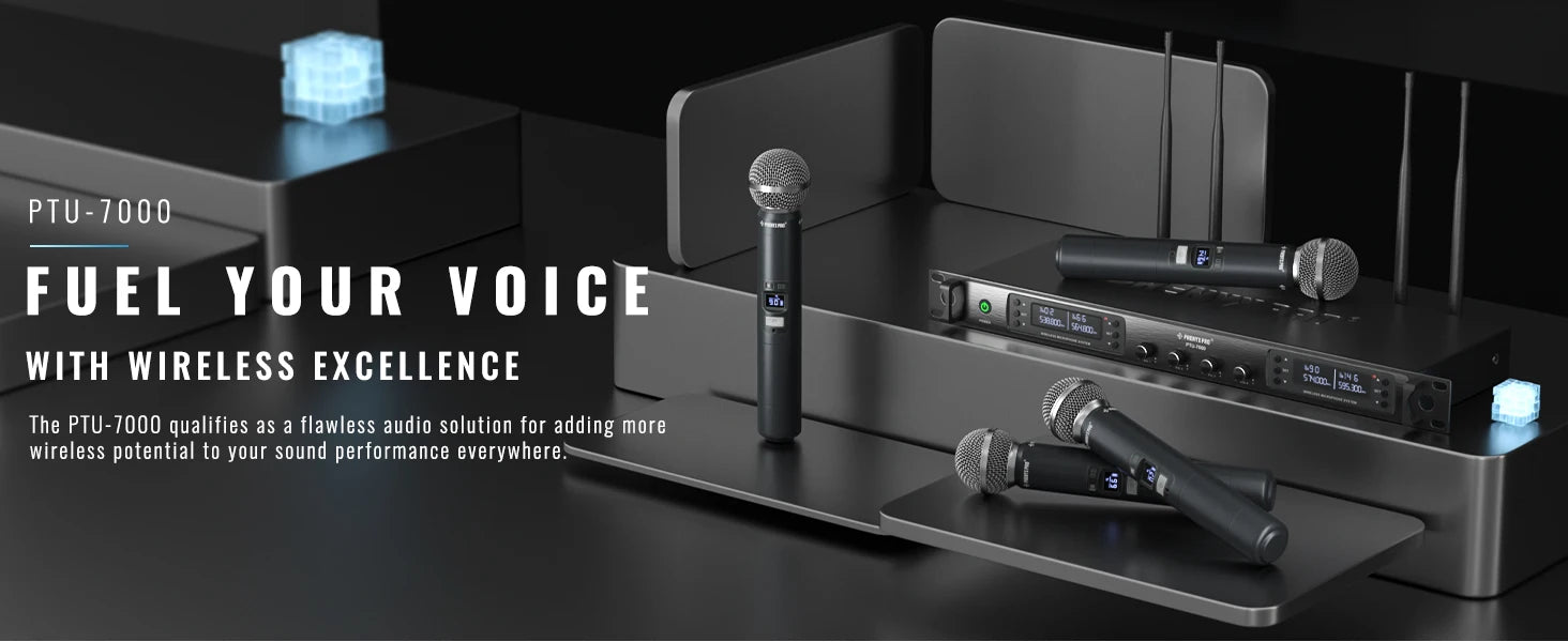 Phenyx Pro UHF Wireless Microphone System PTU-7000 with 4x40Channels Handheld Mics Auto Scan Selectable Frequency For Church