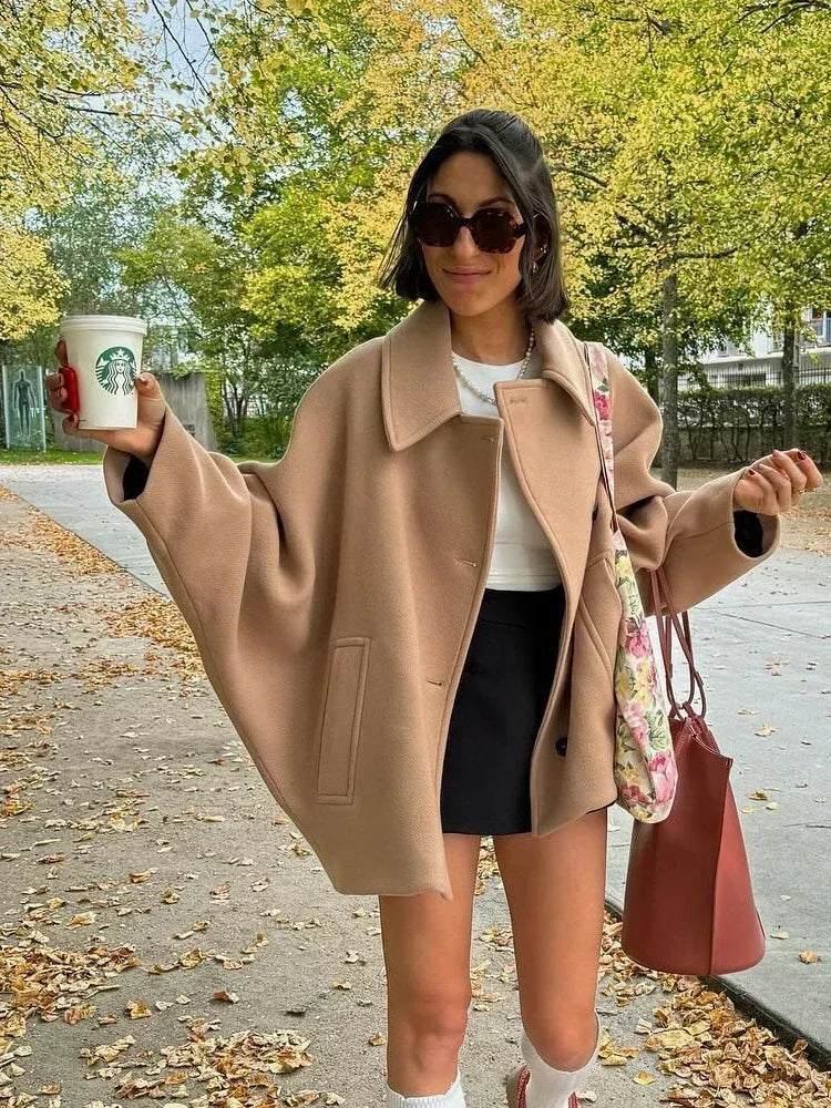 Fashion Lapel Woolen Jacket For Women 2025 Spring Single Breasted Long Sleeve Coats Female Elegant Oversized Chic Street Outwear