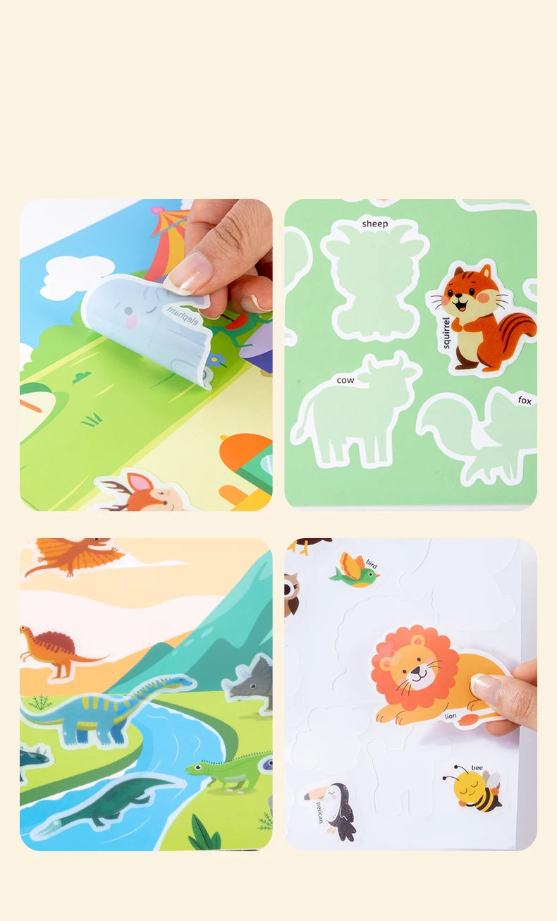 Reusable Magic Sticker Book – DIY Cartoon Animal Puzzle Learning Toy for Kids