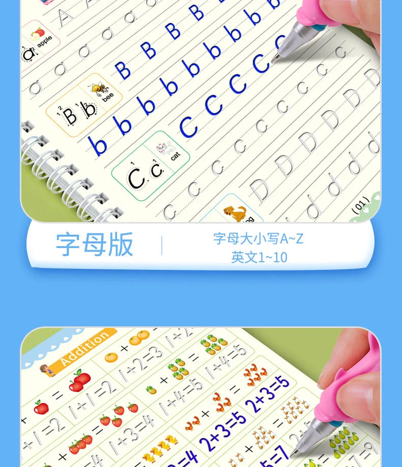 4pcs Magic Groove Copybook Set – Reusable Calligraphy Practice Books & Pen for Kids Learning English Writing