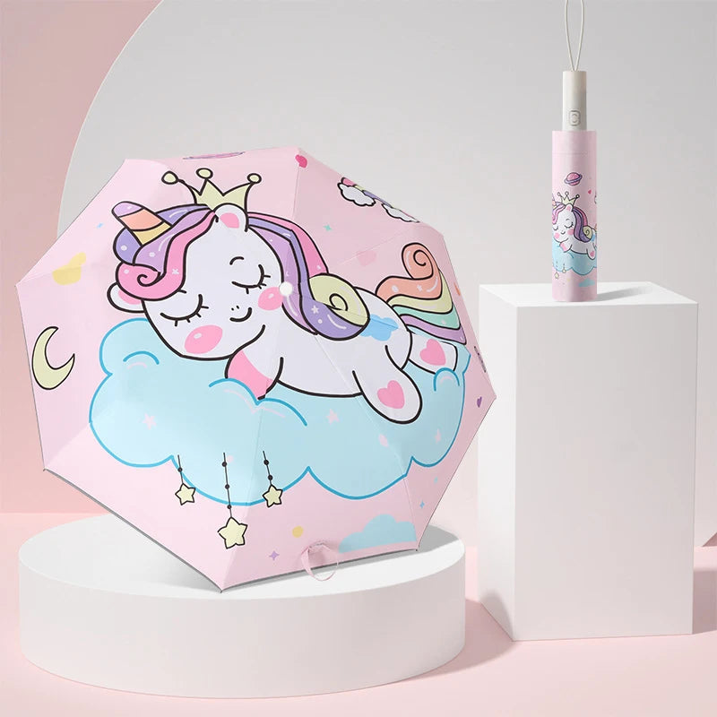 Pink Unicorn Princess Automatic Umbrella – Windproof Folding Reflective Umbrella