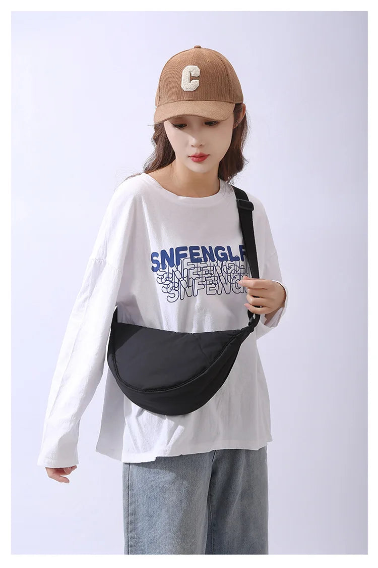 Solid Color Women’s Nylon Shoulder Bag – Portable Padded Crossbody Messenger Travel Handbag