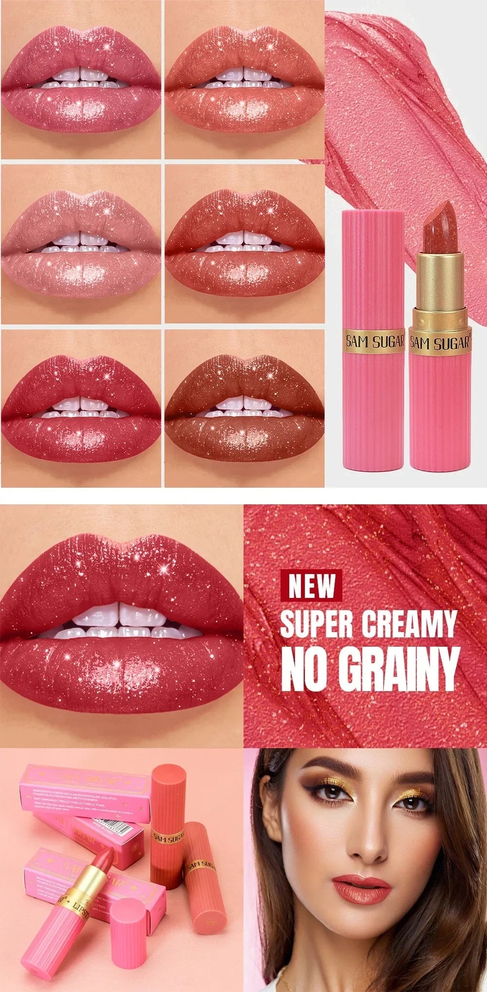 Nude Pink Metallic Glitter Lipstick – Long-Lasting Waterproof Shimmery Lip Gloss