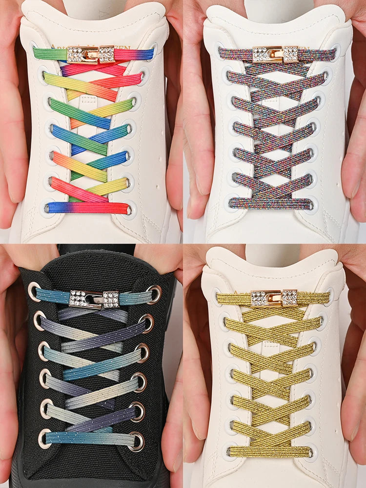 1Pair No Tie Shoe Laces Diamond Buckle Elastic Lace Shoelaces Pearl Light Colorful Fashion Without Ties Laces Sneaker Kids Adult