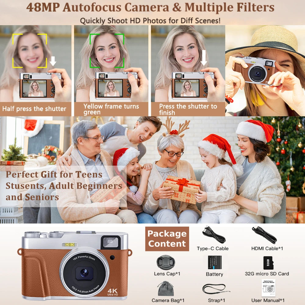 4K 48MP Auto Focus Vlogging Camera with Flash & Viewfinder – YouTube Video Camera with Anti-Shake & Dial Control
