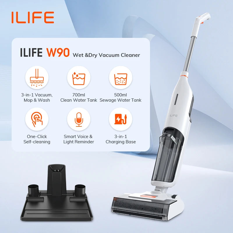 ILIFE W90 Cordless Wet & Dry Smart Vacuum Mop – 5500Pa Suction, 1-Min Self-Cleaning, Dual Water Tank