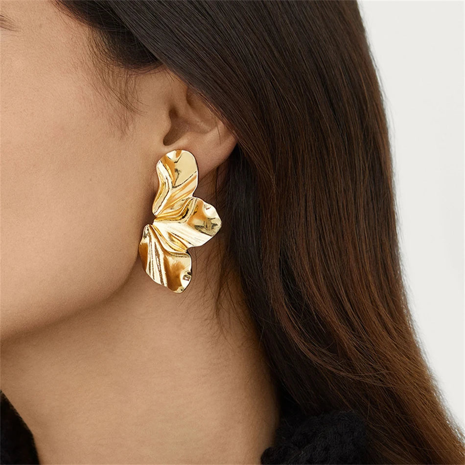 Hyperbole Chunky Earrings Wrinkle Flower Leaf Design Stud Earings Women Golden Stainless Steel Jewelry Accessories Gifts for Her