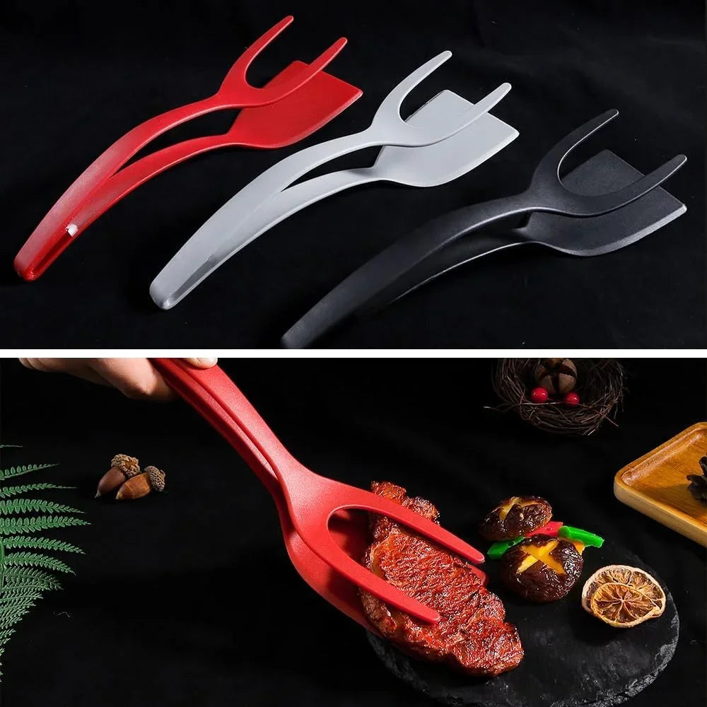 2-in-1 Silicone Egg Flipper Spatula Tongs Non-Stick Kitchen Tool