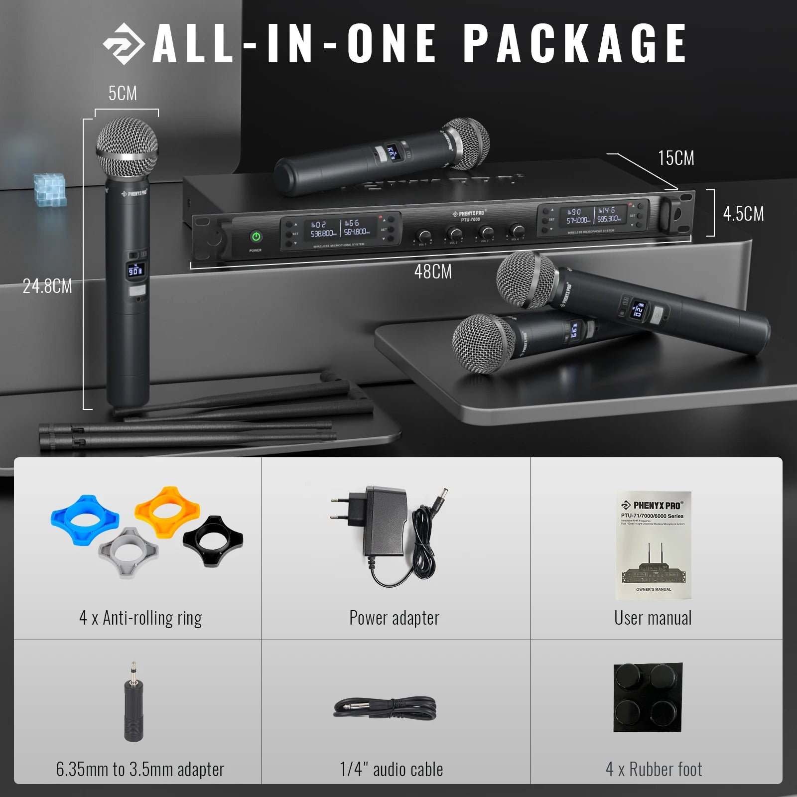 Phenyx Pro UHF Wireless Microphone System PTU-7000 with 4x40Channels Handheld Mics Auto Scan Selectable Frequency For Church