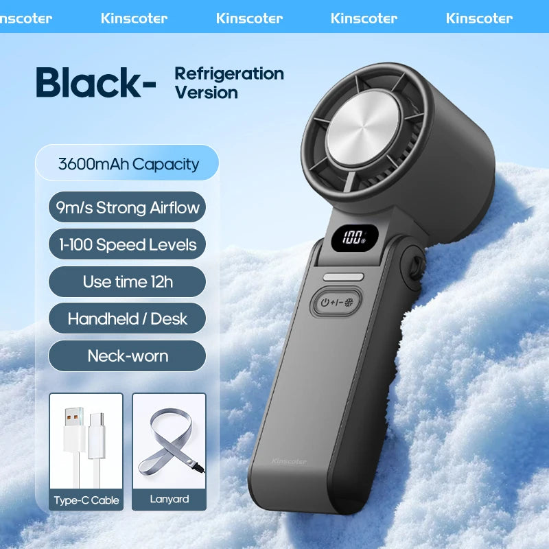 KINSCOTER Portable Air Cooling Turbo Fan 3600mAh 100 Wind Speeds Adjustable Outdoor Foldable Student Handheld Fan with Lanyard
