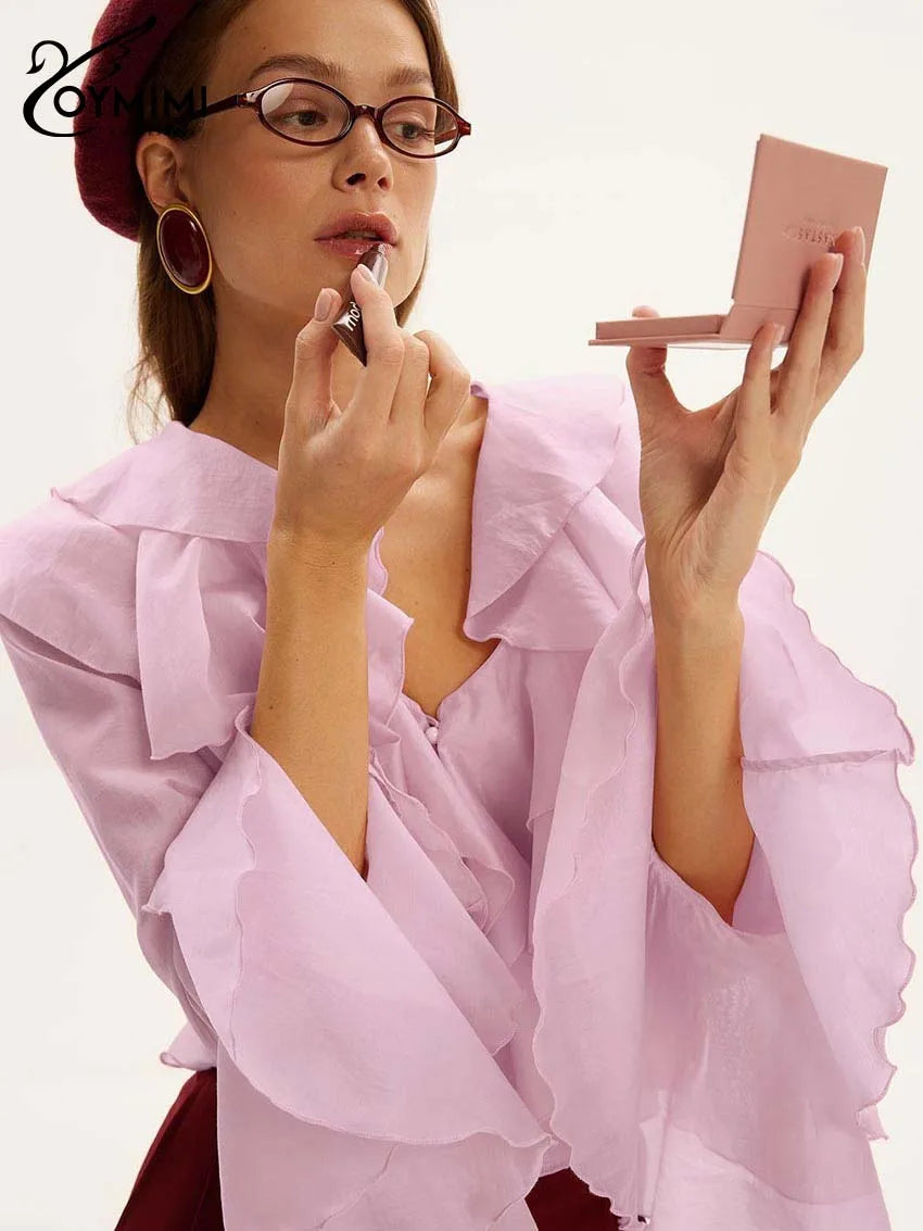 Elegant Pink Ruffled V-Neck Blouse – Petal Sleeve Women’s Fashion Shirt