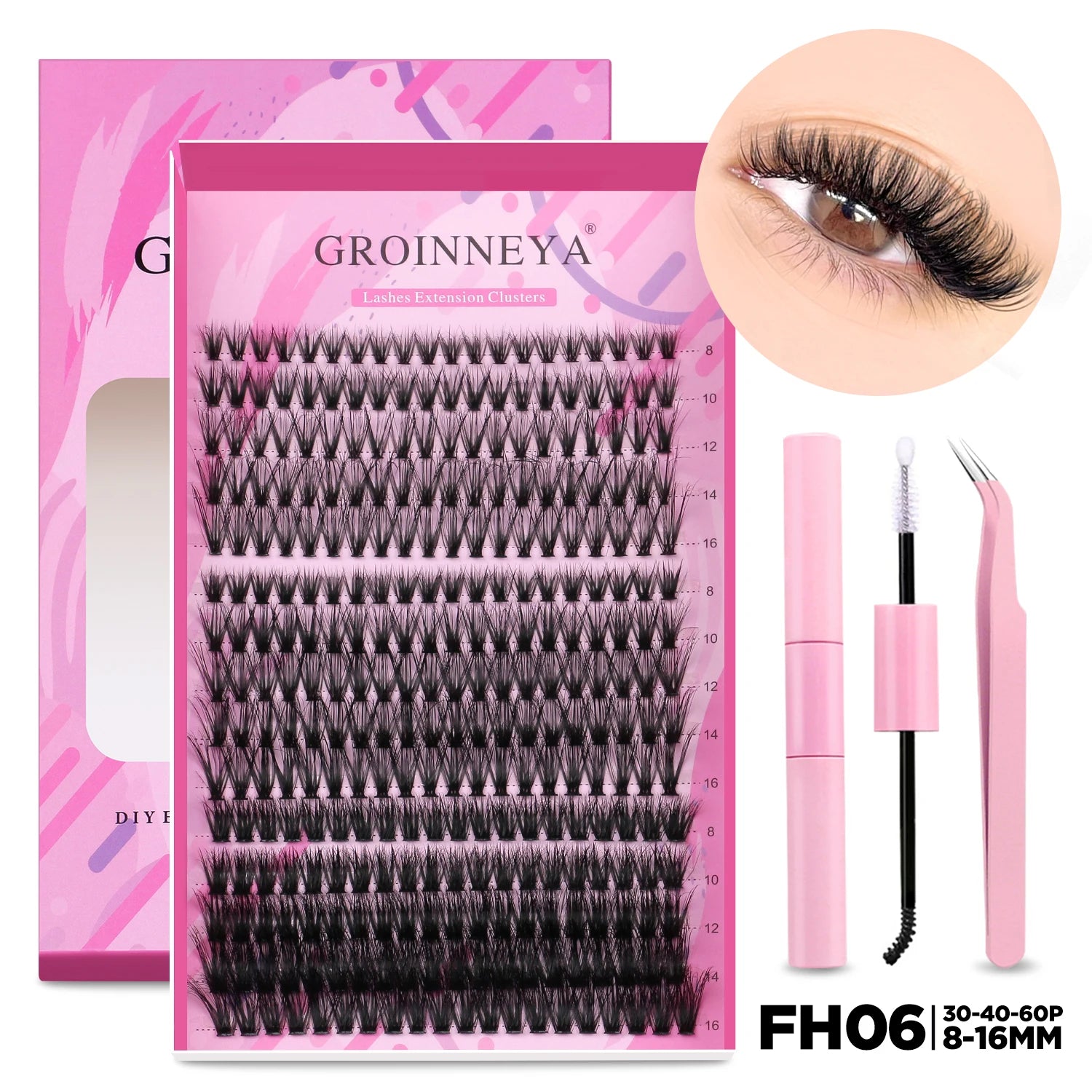 GROINNEYA DIY Lash Extension Kit – Individual Cluster Mix Lashes with Bond & Seal for At-Home Use