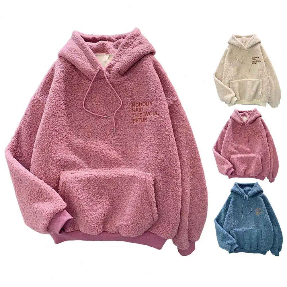 Pink Hooded Harajuku Sweatshirt – Autumn/Winter Fleece Pullover for Women
