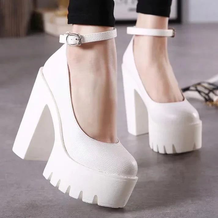 Pink Chunky Heeled Ankle Strap Pumps – Sweet Platform Square Heel Women’s High Heels