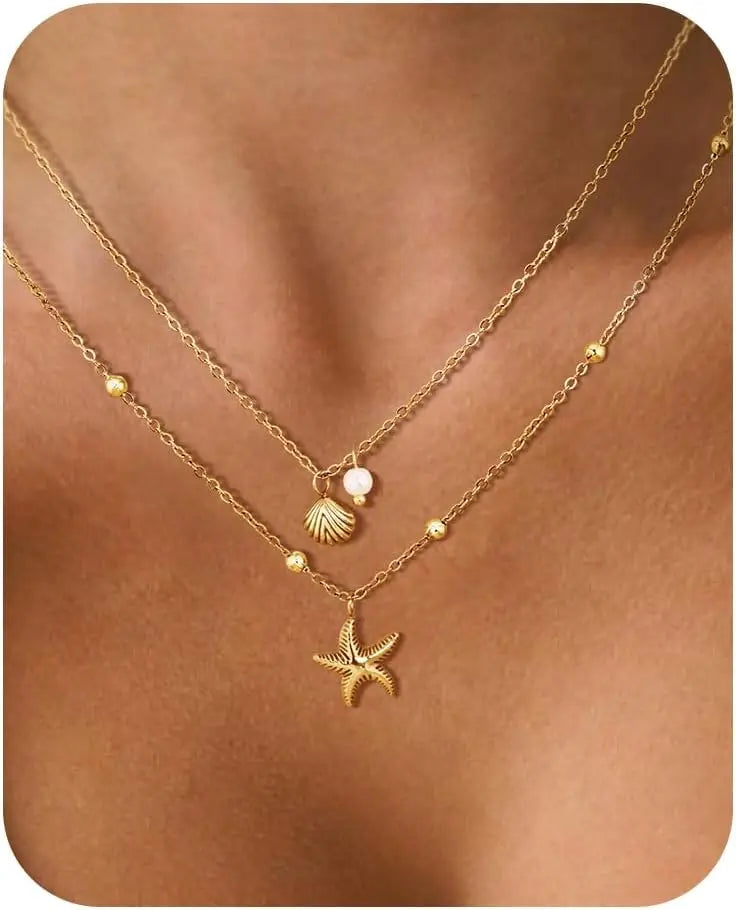 14k Gold Plated Women’s Shell Necklace – Layered Starfish & Seashell Pearl Charm Jewelry