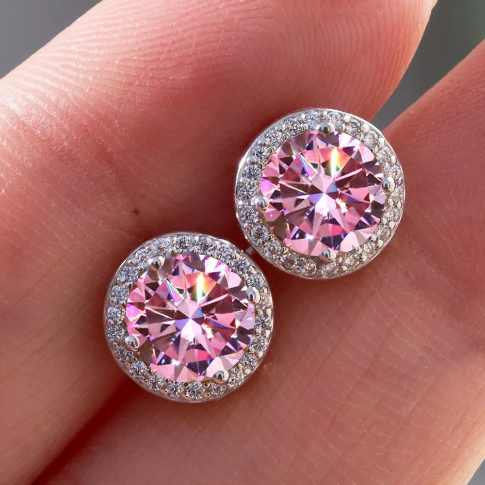 925 Sterling Silver Pink Moissanite Earrings – Luxurious Round Studs for Women