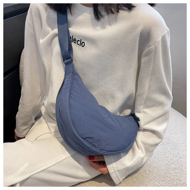 Solid Color Women’s Nylon Shoulder Bag – Portable Padded Crossbody Messenger Travel Handbag