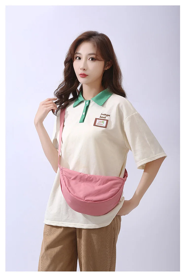 Solid Color Women’s Nylon Shoulder Bag – Portable Padded Crossbody Messenger Travel Handbag