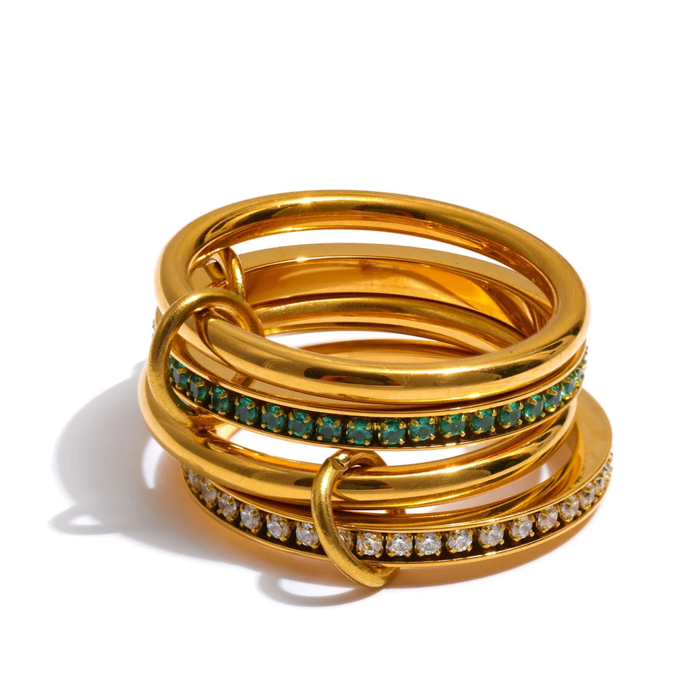 Yhpup Size 678 White Green Zirconia 4 Layered Stacked Ring 18K Golden PVD Plated Stainless Steel Popular Jewelry Accessories