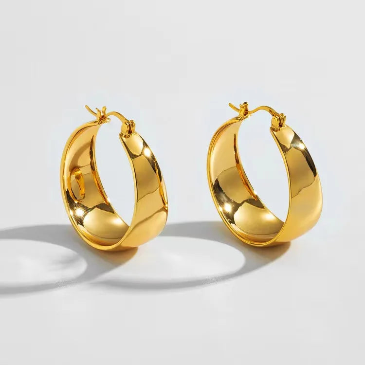 25/30mm Gold-Plated Wide Hoop Earrings – Stainless Steel Smooth Circle Statement Jewelry for Women