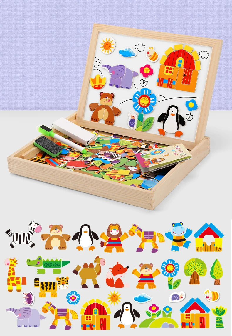 100+Pcs Wooden Magnetic Animal Puzzle Board – Multifunction Learning Drawing Toy for Kids Education & Creativity