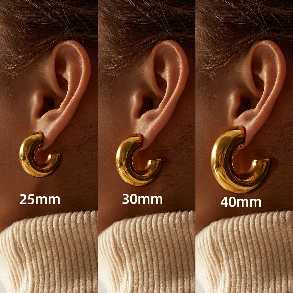 Classic Gold-Plated Chunky Hoop Earrings – Smooth Round C-Shape Stainless Steel Fashion Jewelry for Women