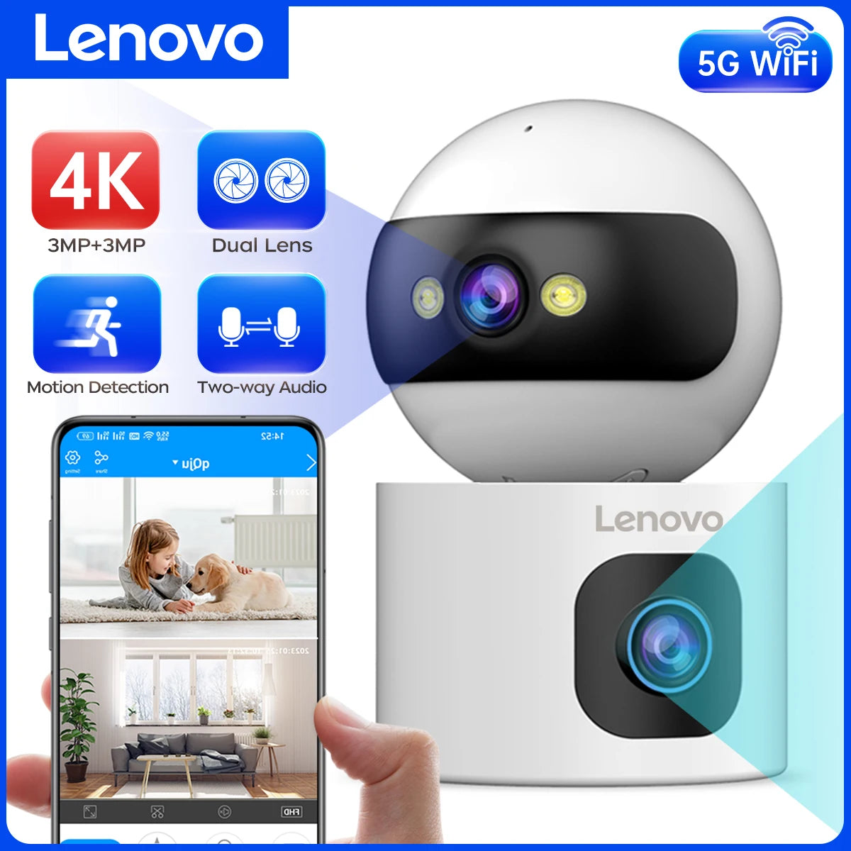Lenovo 4K Dual-Lens IP Camera 5G WiFi Smart Home Security Baby Monitor with Auto Tracking