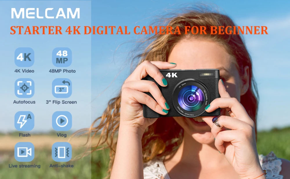 4K Digital Camera 48MP Vlogging Camera 3" Flip Screen Autofocus Anti-Shake