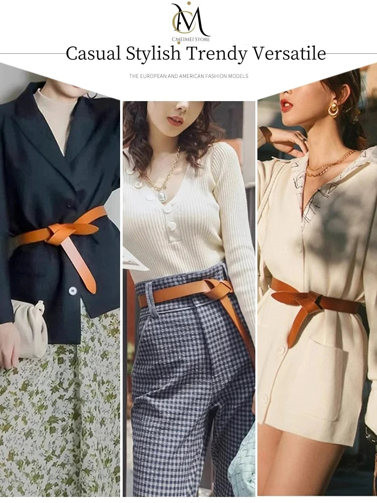 Cowhide Leather Ladies Belt – Soft Genuine Leather Knotted Strap Corset Belt, Gothic Retro Luxury Designer