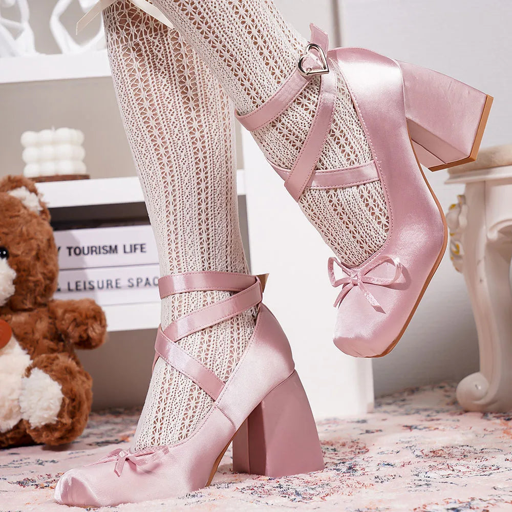 2025 Satin Pink Lolita Block Heels – Cute Cross-Strap Mary Janes for Women, Sweet Ballet Wedding Pumps