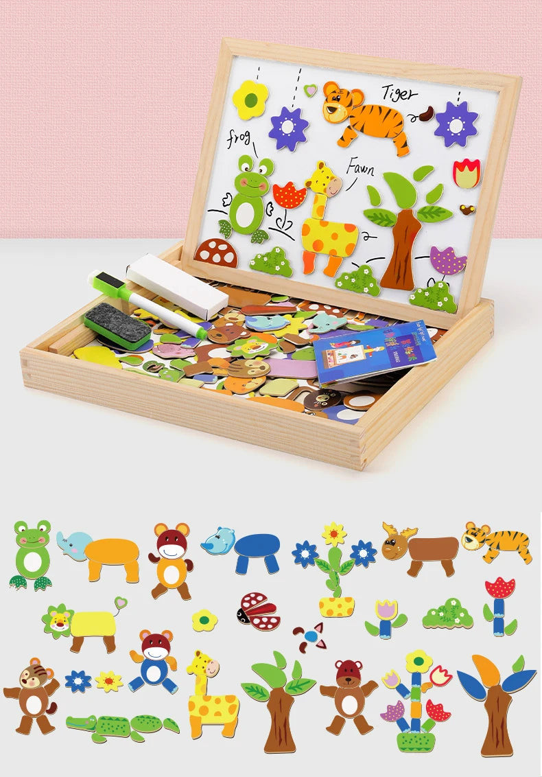 100+Pcs Wooden Magnetic Animal Puzzle Board – Multifunction Learning Drawing Toy for Kids Education & Creativity