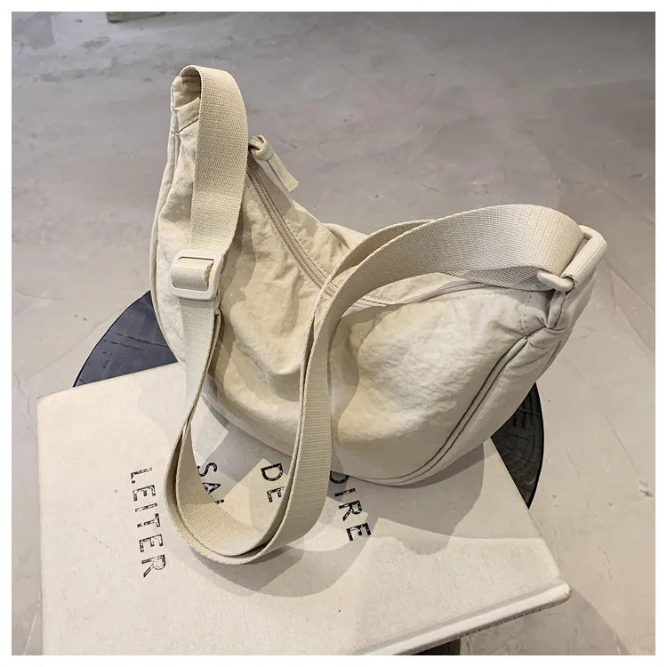 Solid Color Women’s Nylon Shoulder Bag – Portable Padded Crossbody Messenger Travel Handbag