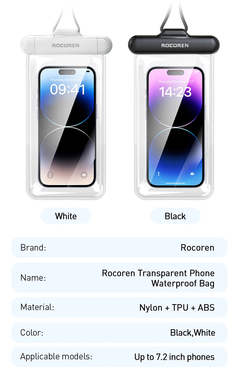 Rocoren Waterproof Phone Case for iPhone 14 13 Pro Samsung Xiaomi Universal Water Proof Phone Pouch Transparent Protection Cover