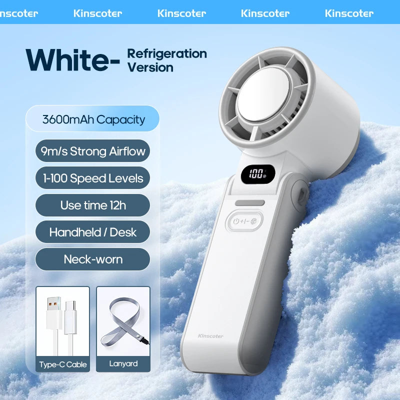 KINSCOTER Portable Air Cooling Turbo Fan 3600mAh 100 Wind Speeds Adjustable Outdoor Foldable Student Handheld Fan with Lanyard