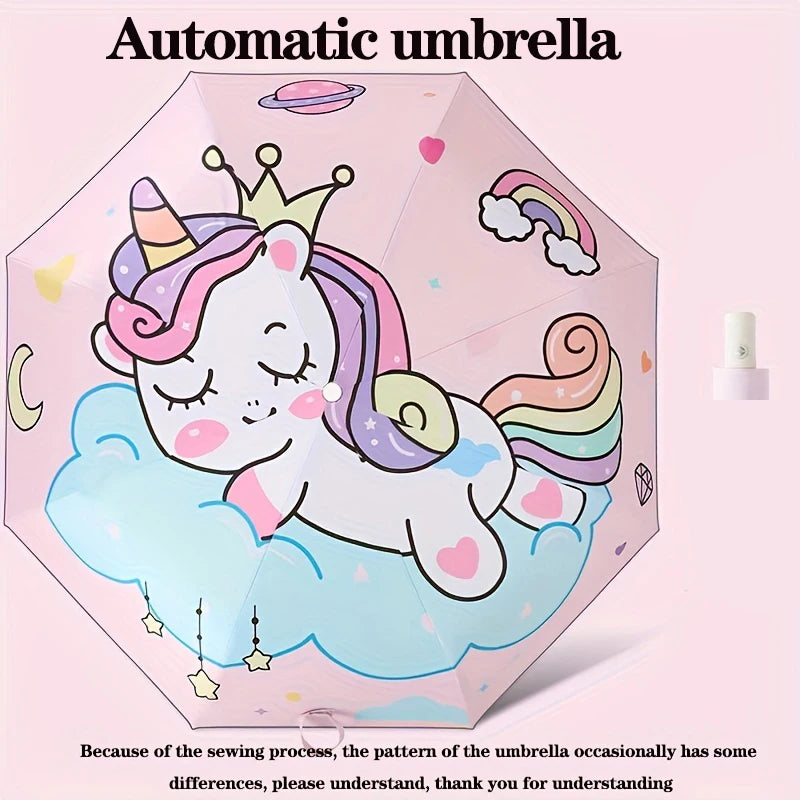 Pink Unicorn Princess Automatic Umbrella – Windproof Folding Reflective Umbrella