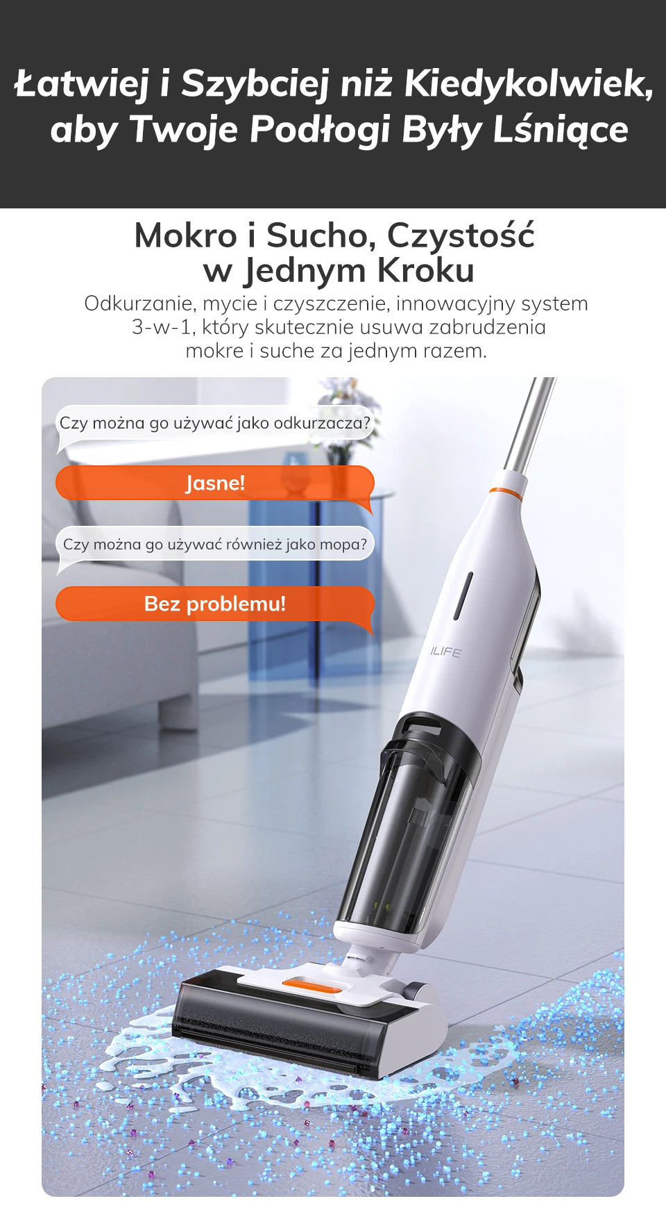 ILIFE W90 Cordless Wet & Dry Smart Vacuum Mop – 5500Pa Suction, 1-Min Self-Cleaning, Dual Water Tank